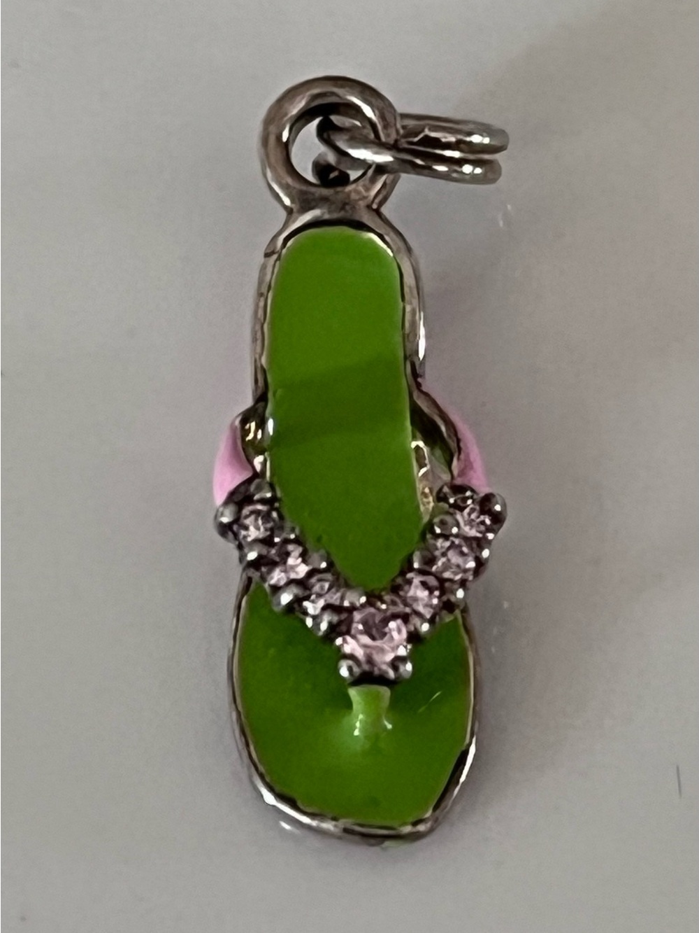 Vintage Sterling Silver Green & Pink Flip Flop Charm w CZ strap